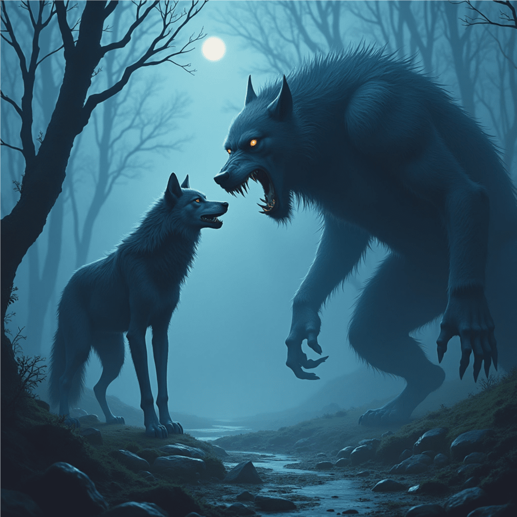 Werewolf meets wolf on a dark foggy night under a full moon. 