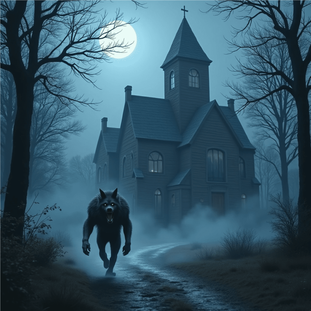 A werewolf walking in front of an old church.