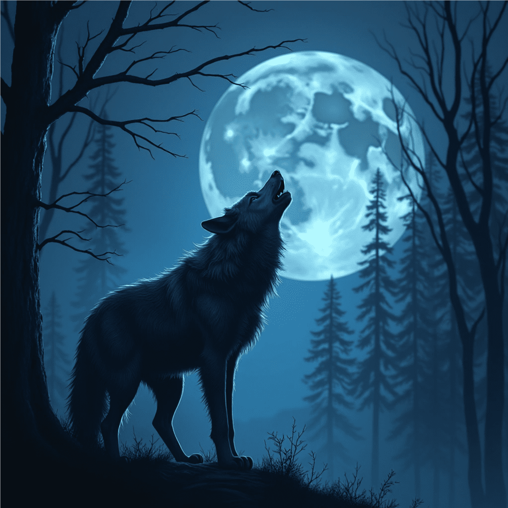 A wolf howling at the moon. 